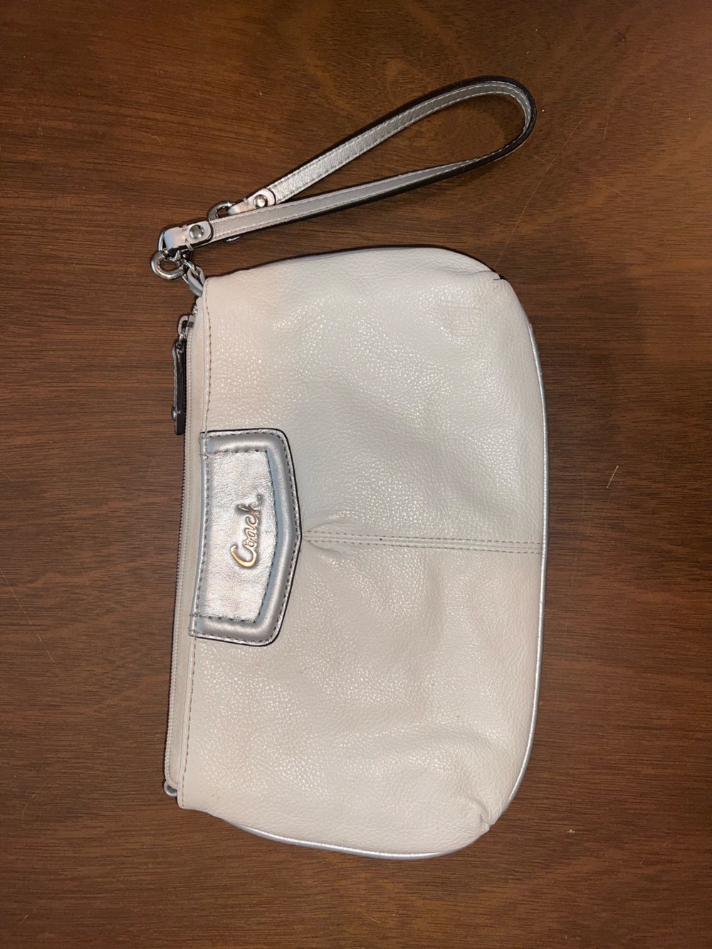 Coach Cream Leather Wristlet with Silver Accent